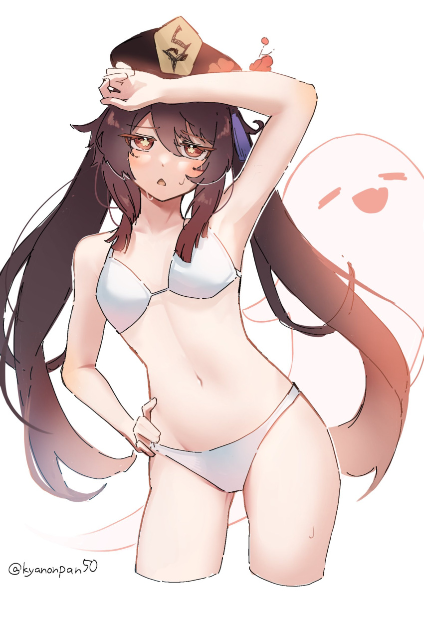 :d =_= alternate_costume annoyed bikini boo_tao_(genshin_impact) breasts bright_pupils brown_eyes brown_hair brown_hat collarbone colored_eyelashes commentary_request contrapposto cropped_legs dot_nose female flower flower-shaped_pupils genshin_impact ghost hair_between_eyes hair_ornament hand_on_own_forehead hand_on_own_hip hat hat_flower highres hu_tao_(genshin_impact) kyanonpan50 light_blush long_hair looking_at_viewer messy_hair navel oerba_yun_fang open_mouth outline porkpie_hat red_flower sidelocks simple_background skin_fang small_breasts smile solo spaghetti_strap sweat swimsuit symbol-shaped_pupils tassel tassel_hair_ornament triangle_mouth twintails twitter_username very_long_hair white_background white_bikini white_outline