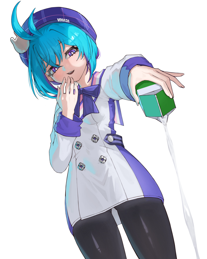 :d absurdres ahoge alternate_costume beret black_pantyhose blue_eyes blue_hair bow bowtie buttons commentary evil_smile female hat highres holding holding_milk_carton ibr kartrider kartrider:_drift korean_commentary light_blush looking_at_viewer milk milk_carton miso_(kartrider:_drift) multicolored_eyes multicolored_hair official_alternate_costume pantyhose purple_eyes sailor_collar school_uniform short_hair simple_background smile sweater two-tone_hair white_background