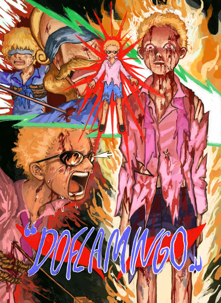 3boys absurdres aged_down arrow_(projectile) blonde_hair blood blood_on_clothes blood_on_face blue_shirt blue_shorts bound brothers character_name closed_mouth collared_shirt crying crying_with_eyes_open donquixote_doflamingo donquixote_homing donquixote_rocinante english_text facial_hair father_and_son fire highres hv48ell injury lolicon long_hair male_focus moustache multiple_boys one_piece open_mouth pink_shirt red_eyes screaming shirt short_hair shorts siblings sunglasses tears tied_up_(nonsexual) torn_clothes