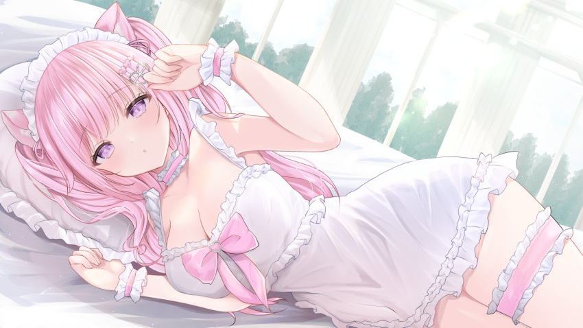 animal_ears armpits arms_up babydoll blush breasts cat_ears cleavage collarbone commentary_request commission cowboy_shot dress female frilled_dress frills hair_ornament hairclip head_on_pillow heart heart_hair_ornament indie_virtual_youtuber kurage_cc long_hair looking_at_viewer lying maid_headdress on_bed on_side parted_lips paw_pose pink_hair purple_eyes skeb_commission sleeveless sleeveless_dress solo thigh_strap thighs virtual_youtuber wavy_hair white_babydoll wrist_cuffs yumori_nanya