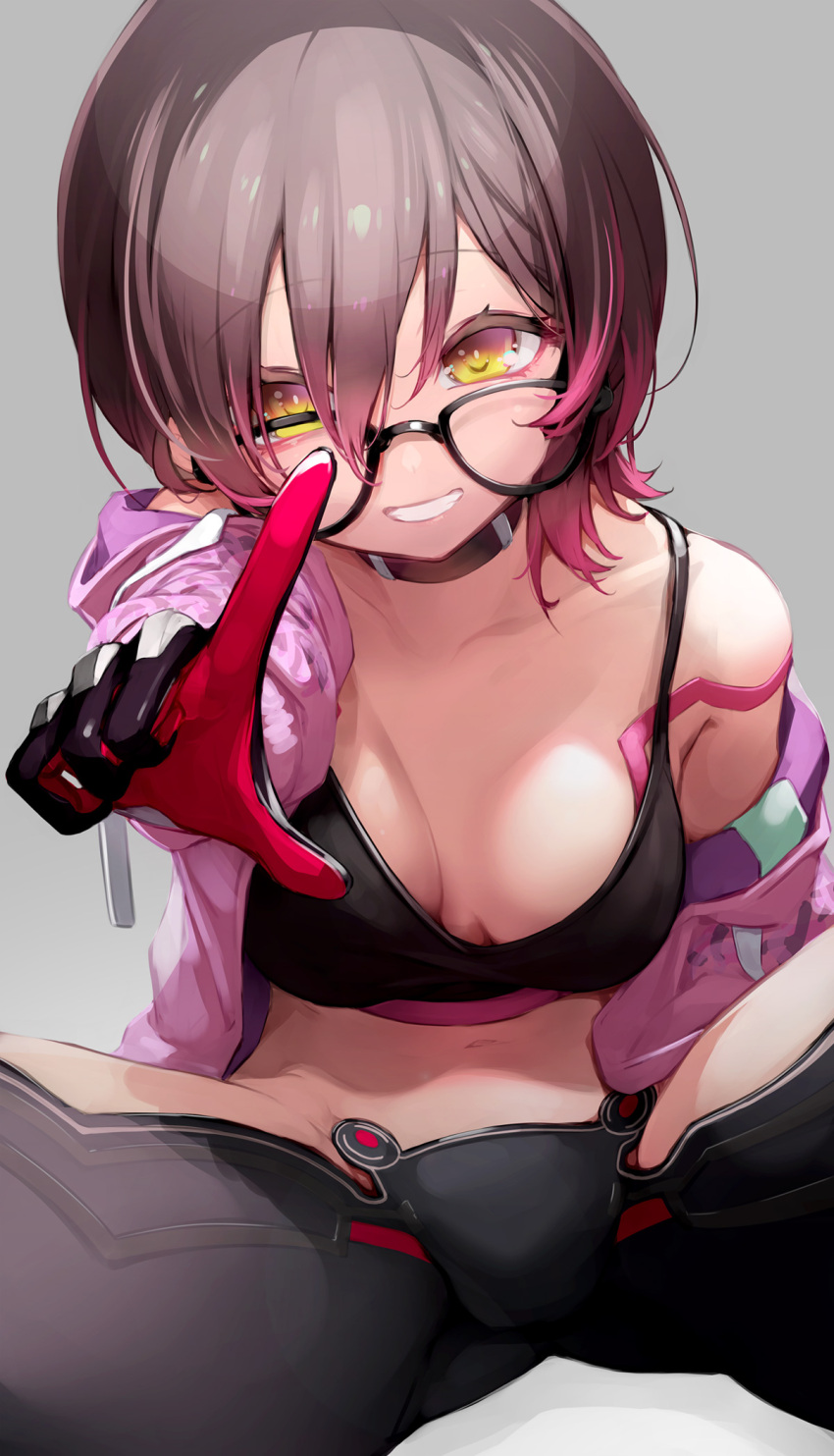 android black_camisole black_shorts black_tank_top breasts brown_hair camisole cleavage collar female glasses gloves hair_ornament highres hololive jacket looking_at_viewer medium_breasts midriff multicolored_clothes multicolored_gloves multicolored_hair navel nilitsu official_alternate_costume pink_camisole pink_hair pink_jacket pointing pointing_at_viewer roboco-san roboco-san_(workoutwear) shorts simple_background sitting smile solo tank_top two-tone_gloves virtual_youtuber yellow_eyes