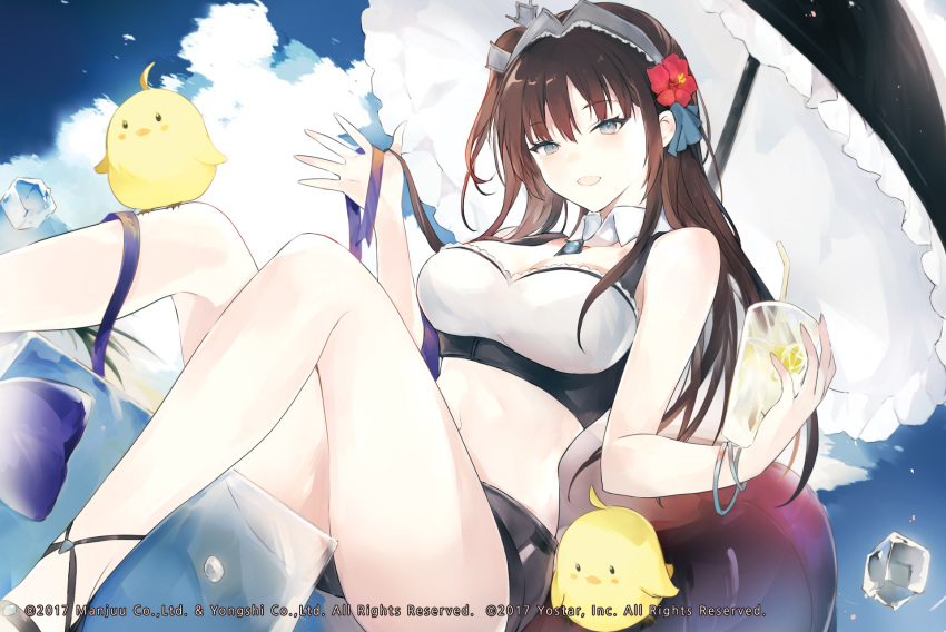 azur_lane bare_arms bare_legs bare_shoulders bird breasts brown_hair chick cleavage crop_top female grey_eyes hairband highres large_breasts long_hair looking_at_viewer lpip manjuu_(azur_lane) midriff navel newcastle_(azur_lane) one_side_up open_mouth shirt sleeveless sleeveless_shirt smile solo stomach thighs umbrella