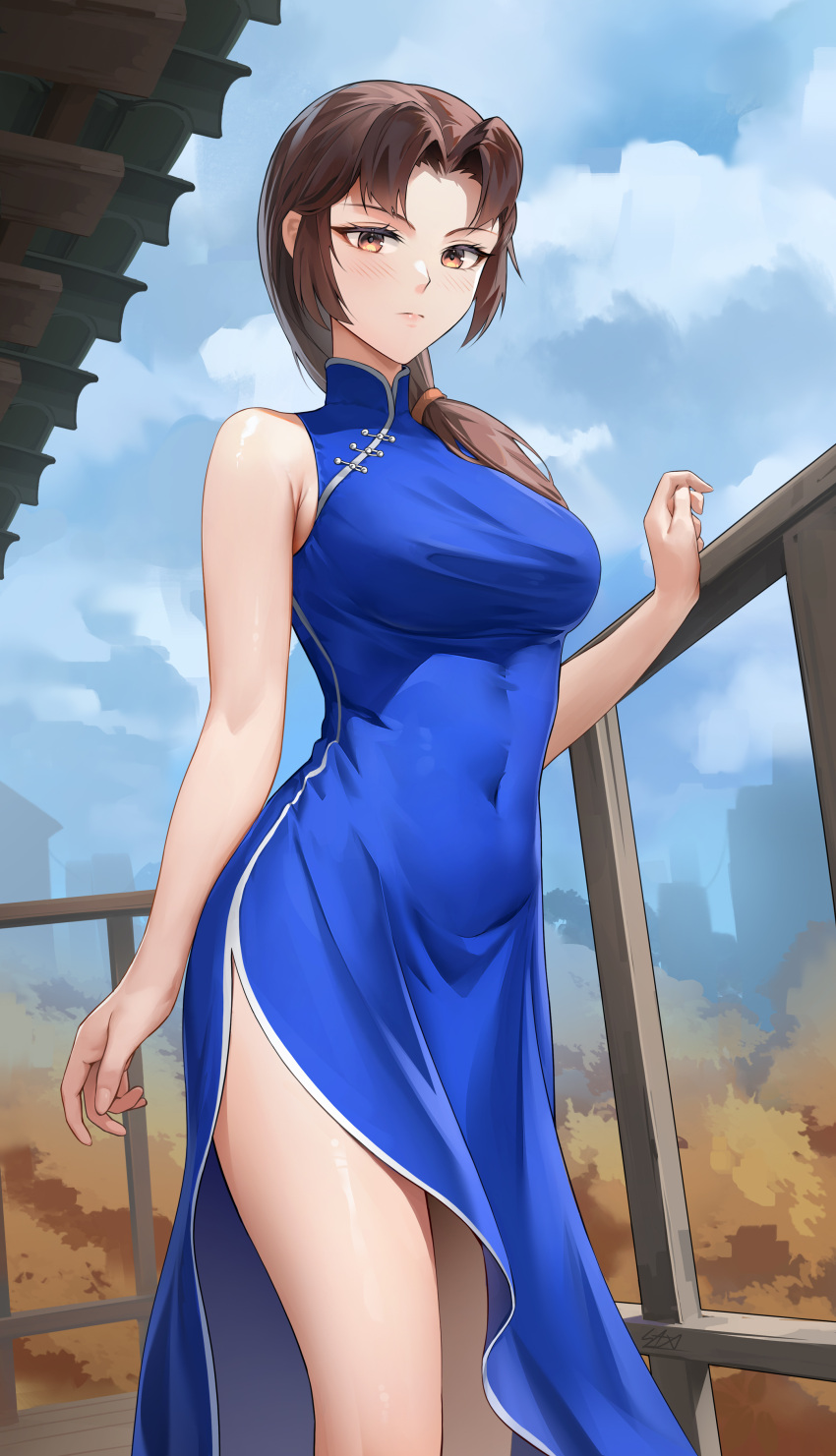 absurdres blue_dress breasts brown_eyes brown_hair china_dress chinese_clothes covered_navel dress female highres hong_xiu_ying long_hair looking_at_viewer low-tied_long_hair medium_breasts shenmue side_slit sleeveless sleeveless_dress solo standing stormstx