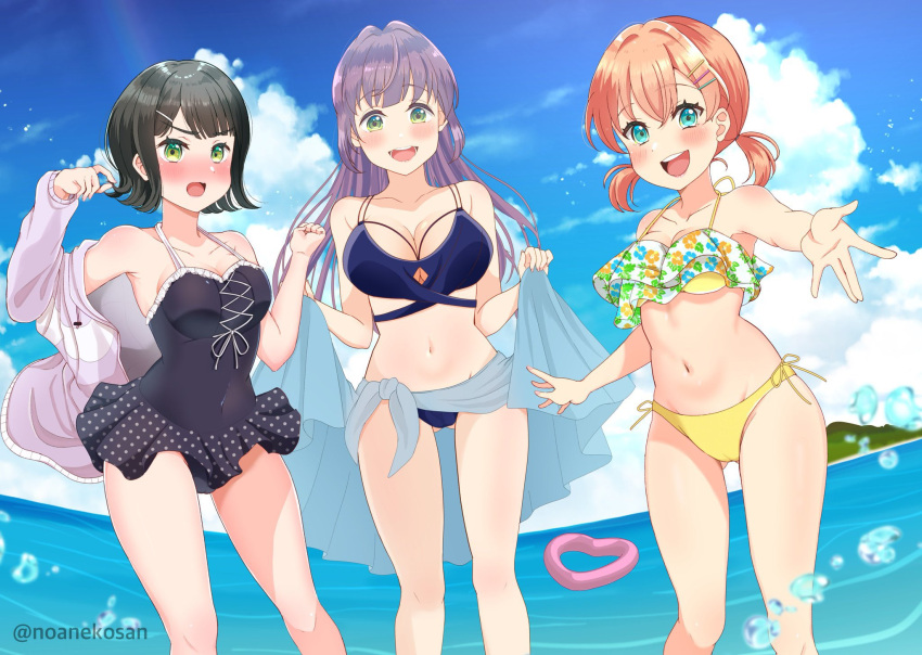 3girls :d aqua_eyes arm_out_of_sleeve ass_visible_through_thighs beach bikini black_hair black_one-piece_swimsuit blue_bikini blue_sarong blunt_bangs blunt_ends blush breasts cerise_bouquet cleavage cloud collarbone covered_navel cross-laced_clothes cross-laced_one-piece_swimsuit crossed_bangs cumulonimbus_cloud day feet_out_of_frame fisheye flipped_hair frilled_one-piece_swimsuit frills green_eyes hair_ornament hairclip halterneck hands_up heart highres hinoshita_kaho hinoshita_kaho_(swimsuit) innertube jacket large_breasts link!_like!_love_live! long_hair long_sleeves love_live! low_twintails medium_breasts medium_hair mismatched_bikini momose_ginko momose_ginko_(swimsuit) multi-strapped_bikini_top multiple_girls navel no_jacket noanekosan nose_blush official_alternate_hairstyle one-piece_swimsuit orange_hair otomune_kozue otomune_kozue_(swimsuit) purple_hair purple_jacket sarong sarong_hold short_hair side_ponytail sidelocks smile standing stomach swim_ring swimsuit swimsuit_skirt teeth twintails twitter_username upper_teeth_only v-shaped_eyebrows virtual_youtuber water_drop white_bikini yellow_bikini