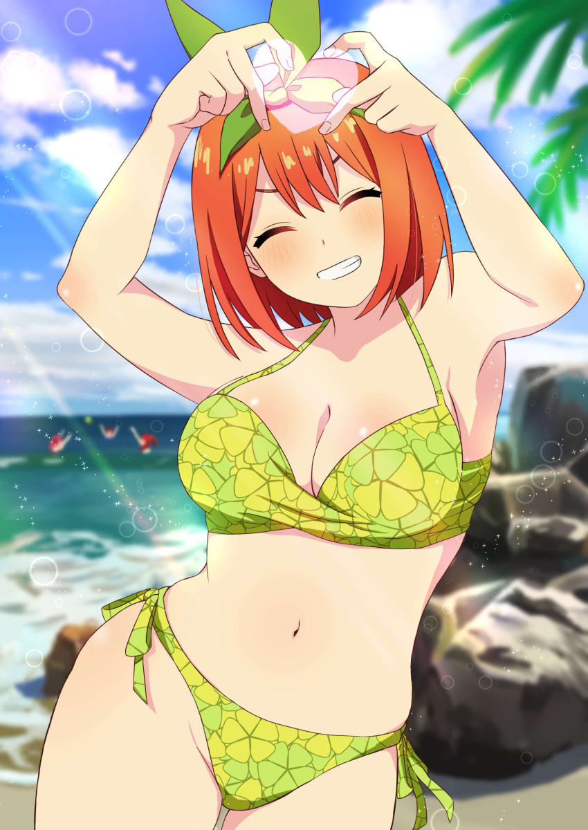 4-finger_heart_hands :d ^_^ bare_arms bikini blurry blurry_background blush breasts cleavage closed_eyes clover_print commentary cowboy_shot curvy day eyebrows_hidden_by_hair facing_viewer female go-toubun_no_hanayome green_bikini green_ribbons grin hair_between_eyes hair_ribbon halterneck happy heart heart_hands heart_in_heart_hands highres large_breasts medium_hair nakano_yotsuba navel ocean orange_hair outdoors print_bikini ribbon rock side-tie_bikini_bottom smile solo sparkle straight_hair sunlight swimsuit v-shaped_eyebrows yayoi_(dygk8777)