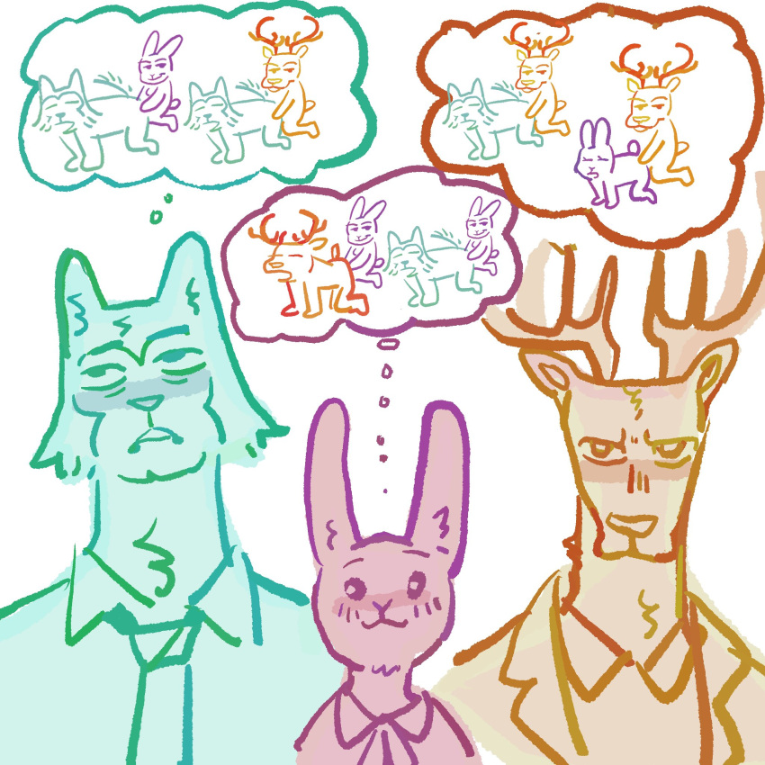 anthro antlers beastars burrrnt canid canine canis deer female group haru_(beastars) hi_res horn humor lagomorph legoshi_(beastars) leporid louis_(beastars) male mammal meme rabbit smug thought_bubble trio wolf