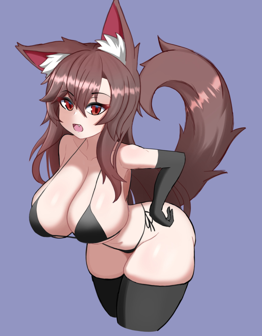 animal_ears bent_over bikini black_bikini black_gloves black_thighhighs breasts cleavage commentary cropped_legs darkwrath elbow_gloves female gloves grey_background highres imaizumi_kagerou large_breasts looking_at_viewer navel oerba_yun_fang open_mouth red_eyes sidelocks simple_background solo swimsuit tail thighhighs touhou wolf_ears wolf_girl wolf_tail