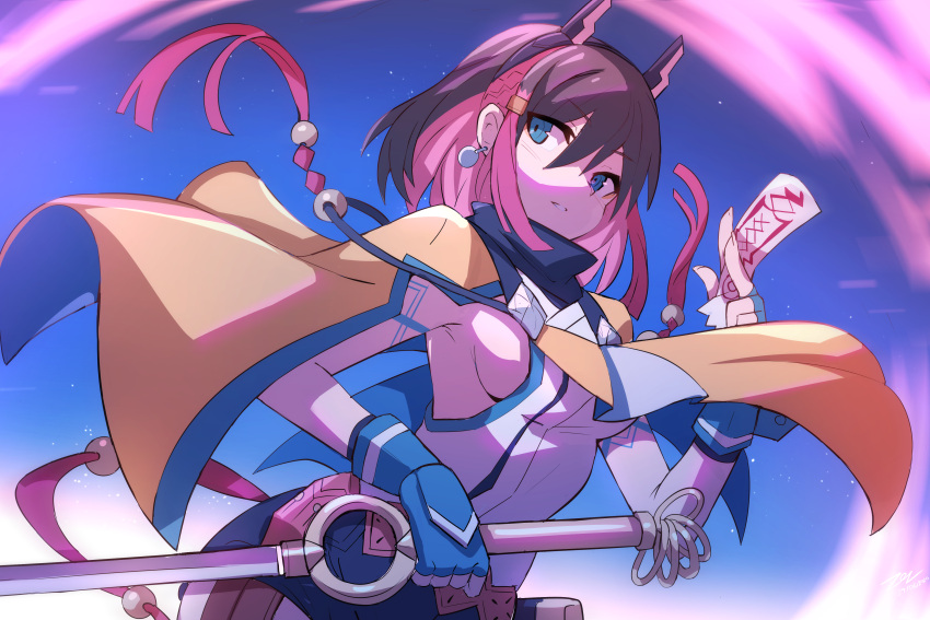 absurdres azure_striker_gunvolt azure_striker_gunvolt_3 blue_eyes blue_shorts body_markings breasts brown_hair earrings fake_horns female highres holding holding_sword holding_weapon horns jewelry kirin_(gunvolt) medium_breasts pink_hair shirt short_hair shorts sideboob sollyz solo sphere_earrings sword upper_body weapon white_shirt yellow_cloak