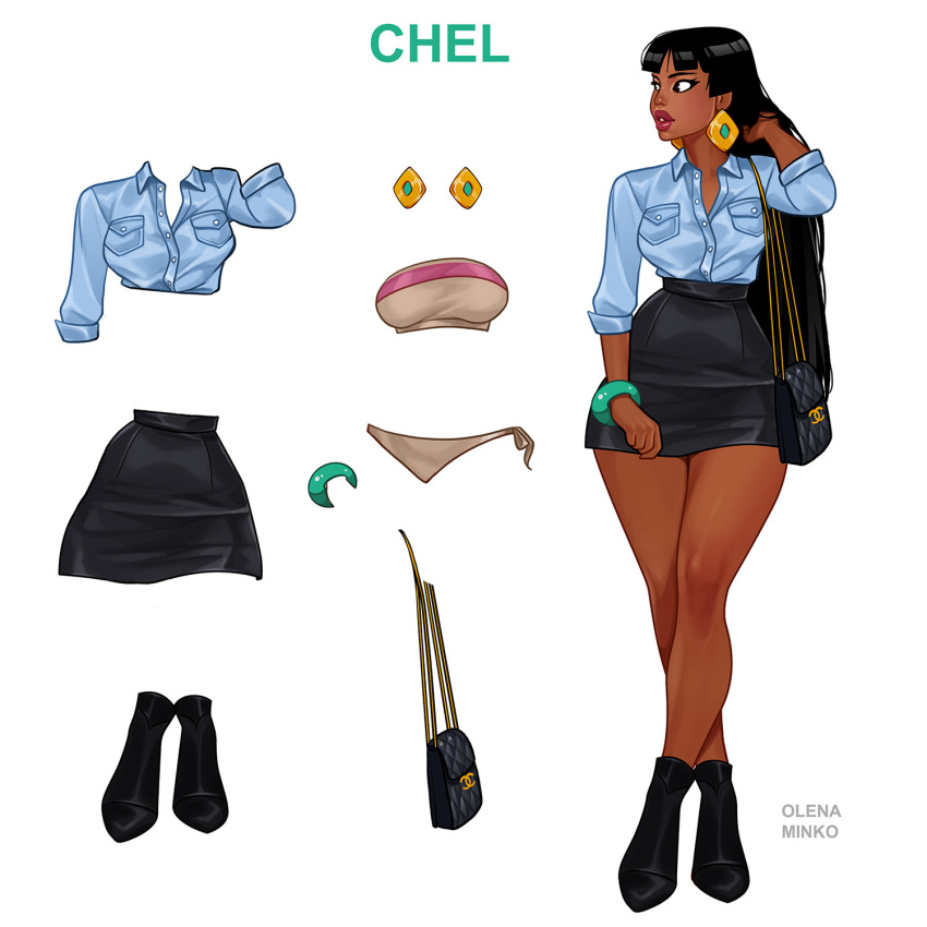 alternate_costume artist_name bag black_hair black_skirt blue_shirt blunt_bangs bracelet breasts brown_eyes character_name chel_(the_road_to_el_dorado) contemporary crossed_legs dark-skinned_female dark_skin earrings female full_body handbag highres jewelry kisekae large_breasts long_hair olena_minko panties parted_lips shirt side-tie_panties simple_background skirt solo strapless the_road_to_el_dorado tube_top underwear very_long_hair white_background wide_hips