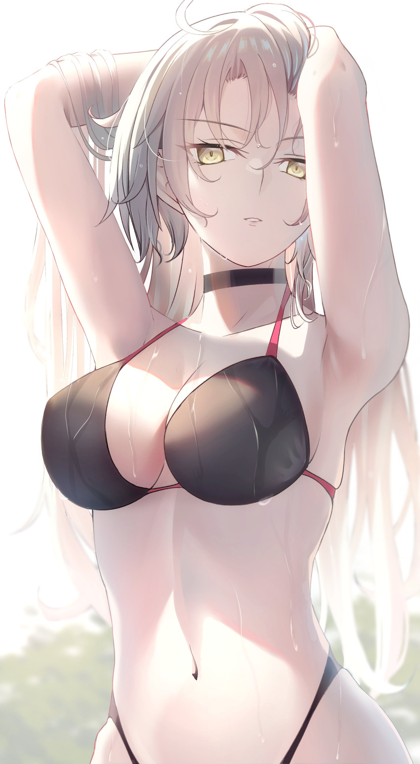 absurdres armpits arms_behind_head arms_up bare_shoulders bikini black_bikini breasts choker cleavage fate/grand_order fate_(series) female grey_hair highleg highleg_bikini highres jeanne_d'arc_alter_(avenger)_(fate) jeanne_d'arc_alter_(fate) large_breasts long_hair looking_at_viewer mishiro_(ixtlolton) navel parted_lips solo swimsuit very_long_hair wet yellow_eyes