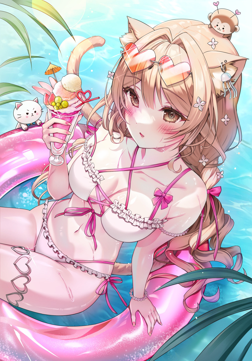 absurdres animal_ear_fluff animal_ears babupipi bikini blush bracelet breasts brown_eyes brown_hair buoy cat_ears cat_girl cat_tail cleavage collarbone crazy_straw cup drinking_glass drinking_straw female food frilled_bikini frills heart heart-shaped_eyewear heart_straw highres holding holding_cup ice_cream indie_virtual_youtuber jewelry large_breasts long_hair luna_nyann nail_polish navel orange-tinted_eyewear pearl_bracelet pink_nails solo swimsuit tail thighlet tinted_eyewear virtual_youtuber water wet white_bikini