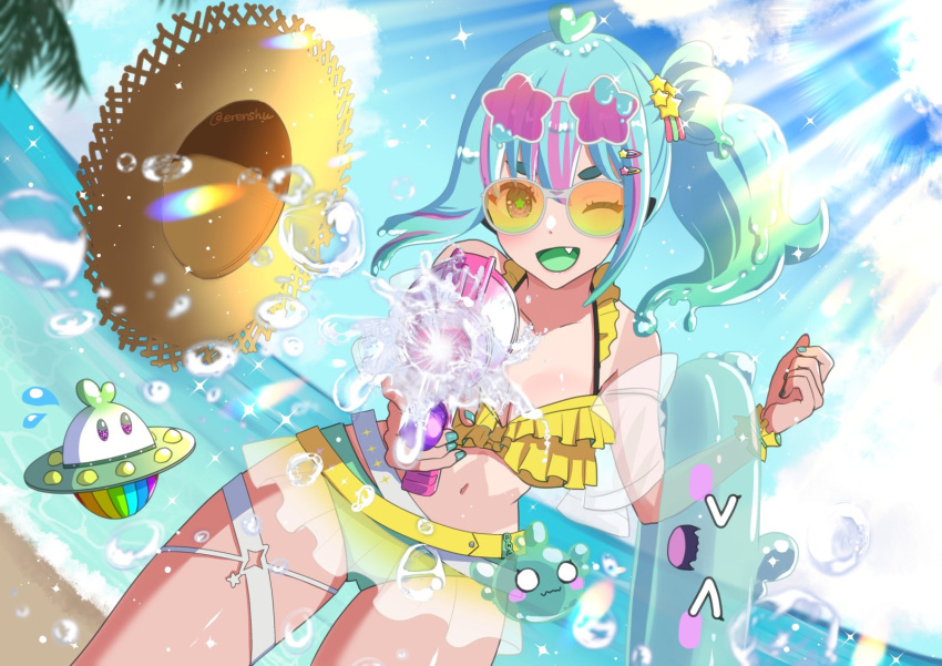 >_< beach bikini blue_hair breasts cleavage cloud collarbone colored_tongue commission erenshu eyewear_on_head female frilled_bikini frills green_nails green_pupils green_tongue hair_ornament hairclip hat highres holding holding_swim_ring holding_water_gun indie_virtual_youtuber multicolored_hair navel ocean oerba_yun_fang one_eye_closed open_mouth palm_leaf piapi_ufo pink-tinted_eyewear pink_hair purple_eyes skeb_commission sky slime_hair solo star-shaped_eyewear star-shaped_pupils star_(symbol) star_hair_ornament streaked_hair sun_glare sun_hat swim_ring swimsuit symbol-shaped_pupils thigh_strap tinted_eyewear twitter_username unworn_hat unworn_headwear virtual_youtuber water water_gun yellow-tinted_eyewear yellow_bikini