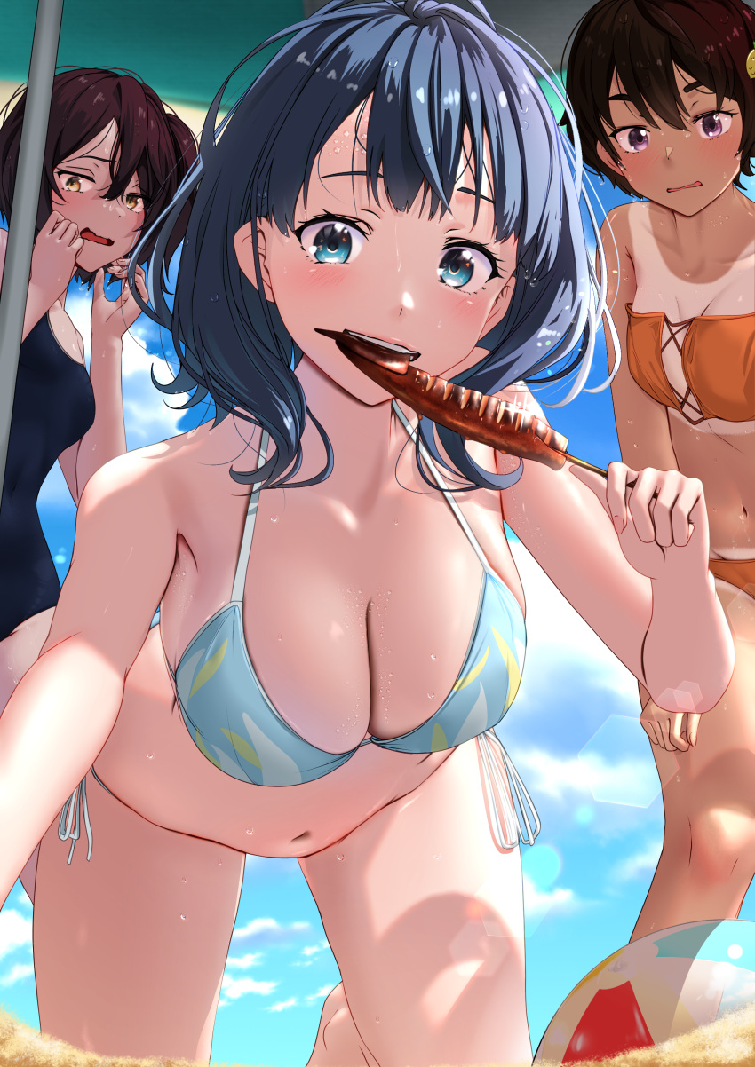 3girls absurdres ahoge all_fours ball beachball bikini black_hair black_one-piece_swimsuit blue_bikini blue_eyes blue_hair blue_sky brown_hair cloud commentary_request feet_out_of_frame gami_pineapple grilled_squid highres komari_chika make_heroine_ga_oo_sugiru! medium_hair multiple_girls one-piece_swimsuit one_side_up orange_bikini purple_eyes sand short_hair side-tie_bikini_bottom sky strapless strapless_bikini swimsuit tan tanlines yakishio_lemon yanami_anna yellow_eyes