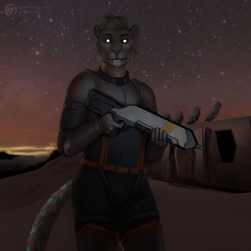 anthro building fangs felid futuristic glowing glowing_eyes gun hi_res male mammal night prehistoric_species ranged_weapon rifle saber-toothed_tiger science_fiction solo star techiesxc teeth weapon