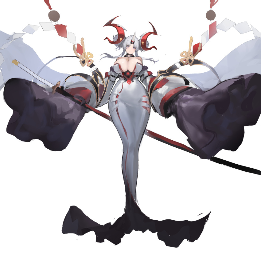 absurdres art_study azur_lane bare_shoulders breasts cleavage detached_sleeves double_bun dress female full_body grey_eyes grey_hair hair_bun highres horns huge_weapon large_breasts long_dress long_hair looking_at_viewer lump_saury ootachi simple_background single_horn sleeves_past_fingers sleeves_past_wrists solo very_long_sleeves watarase_(azur_lane) weapon white_background white_dress white_hair white_horns