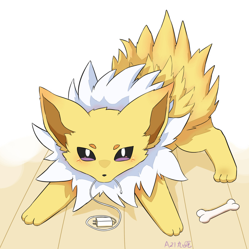 a21foxtail absurd_res ambiguous_gender biting_charging_cable black_eyes bone charging_cable eeveelution feral floor fur generation_1_pokemon hi_res jolteon neck_tuft nintendo paws plug pokemon pokemon_(species) simple_background solo spread_legs spreading stare tuft wood wood_floor yellow_body yellow_fur