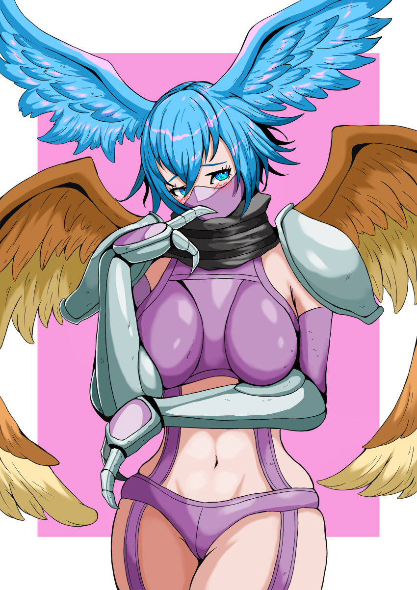 absurdres armor bird_wings blue_eyes blue_hair blush breasts claw_(weapon) digimon digimon_(creature) digimon_frontier embarrassed female hair_wings highres looking_at_viewer mask medium_breasts mouth_mask navel ninja_mask no_humans sawa_d scarf shoulder_armor shutumon solo upper_body weapon wings