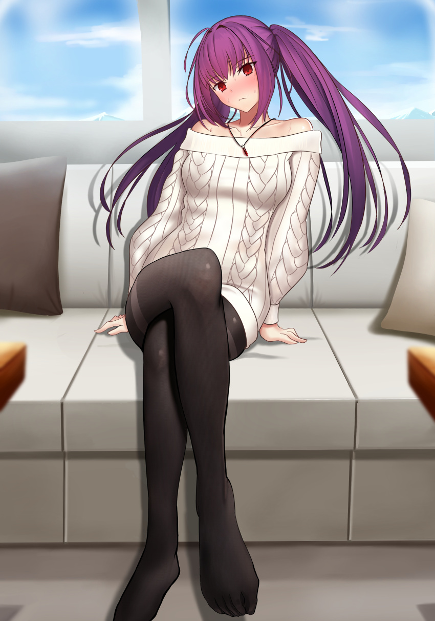 absurdres bare_shoulders black_pantyhose blush couch crossed_legs fate/grand_order fate_(series) feet highres jewelry longdq3008 necklace pantyhose purple_hair red_eyes scathach_(fate) scathach_skadi_(fate) sitting twintails