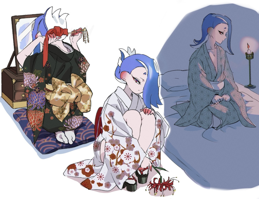 aggae_1 alternate_costume back_bow black_kimono blue_hair bow candle commentary_request eyelashes female floral_print_kimono hair_ornament hair_over_one_eye hair_stick half_updo highres japanese_clothes kimono korean_commentary long_hair looking_at_mirror looking_at_viewer mirror multiple_views octoling okobo on_bed pillow platform_footwear red_eyes sandals seiza shiver_(splatoon) short_eyebrows simple_background sitting socks splatoon_(series) splatoon_3 squatting tentacle_hair thick_eyebrows white_background white_kimono white_socks