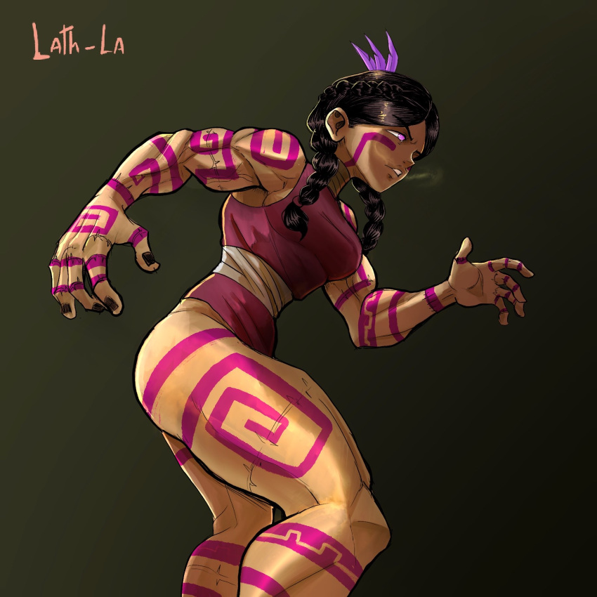 black_hair braid breasts character_name commentary crown_braid dark-skinned_female dark_skin female full-body_tattoo gamypsc heavy_breathing highres leotard low_twin_braids medium_breasts muscular muscular_female narrow_waist original parted_lips pink_eyes purple_leotard solo tattoo thighs twin_braids