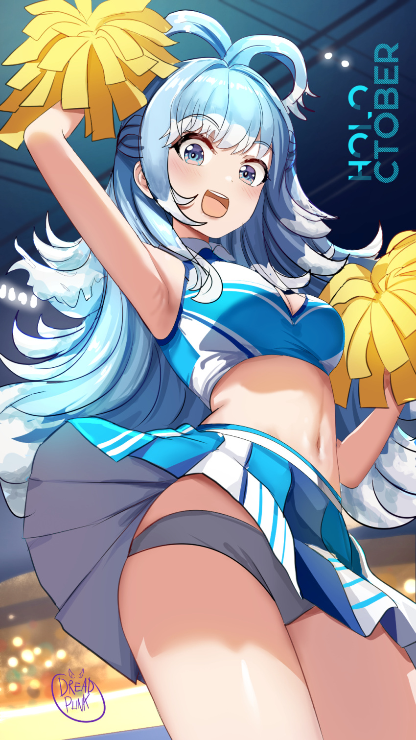 arm_up blue_eyes blue_hair blush breasts cheering cheerleader cleavage colored_tips crop_top dreadpunk english_commentary eyelashes female from_below grey_panties happy highres holding holding_pom_poms hololive hololive_indonesia kobo_kanaeru liquid_hair long_hair looking_at_viewer medium_breasts midriff multicolored_hair navel open_mouth panties pleated_skirt pom_pom_(cheerleading) skirt solo split_ponytail thighs two-tone_hair underwear virtual_youtuber white_hair wide-eyed