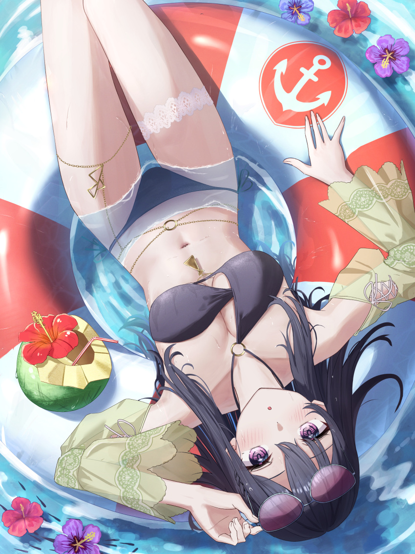 absurdres adjusting_eyewear afloat belt bikini black_bikini black_hair blue_hair breasts chains chestnut_mouth closed_mouth coconut_cup commentary detached_sleeves eyewear_on_head female gerbera152 gold_chain hair_between_eyes highres ichinose_uruha innertube long_hair looking_at_viewer medium_breasts multicolored_hair o-ring o-ring_belt o-ring_bikini partially_submerged purple_eyes solo streaked_hair swim_ring swimsuit symbol-only_commentary thigh_strap upside-down virtual_youtuber vspo!