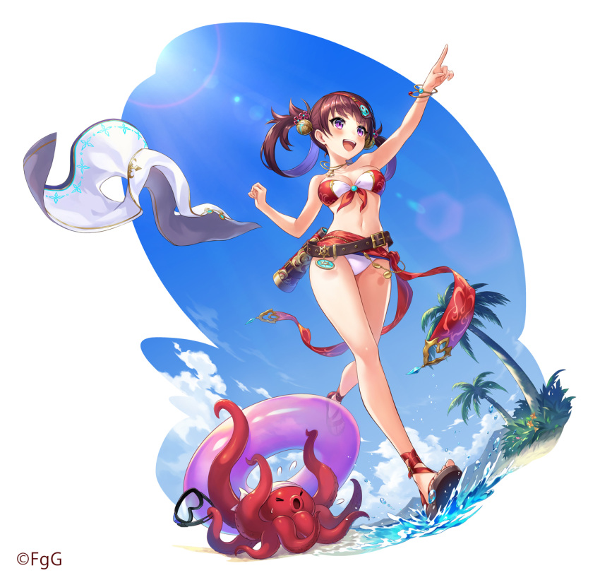 bandeau_bra beach belt bikini blue_sky brown_belt brown_hair cloud commentary_request dare_ga_tame_no_alchemist eyepatch female from_below full_body goggles hair_ornament highres holding holding_goggles holding_swim_ring jewelry long_hair mole mole_under_eye necklace octopus official_alternate_costume official_art open_mouth outdoors outstretched_arm palm_tree purple_eyes purple_innertube red_bikini running sandals second-party_source shenmei_(dare_ga_tame_no_alchemist) sky solo sweatdrop swim_ring swimsuit teeth tree twintails two-tone_bikini upper_teeth_only white_bikini