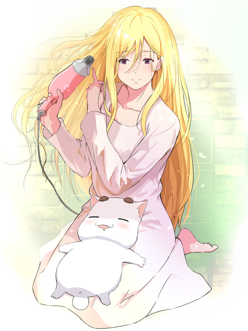 alicia_florence andanden aria_(manga) aria_pokoteng barefoot blonde_hair blush breasts cleavage closed_mouth collarbone dress drying drying_hair feet feline female full_body hair_between_eyes hair_dryer hands_up highres holding long_dress long_hair pink_dress purple_eyes seiza sidelocks sitting smile toes very_long_hair white_cat