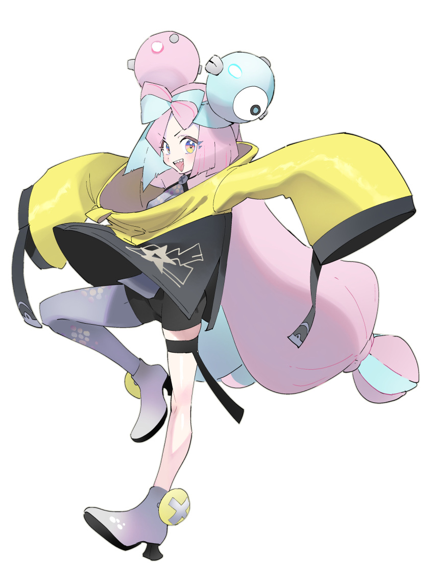 :d absurdres black_shorts boots bow-shaped_hair character_hair_ornament commentary_request female full_body grey_footwear grey_pantyhose hair_ornament happy highres iono_(pokemon) jacket long_hair long_sleeves multicolored_hair open_mouth pantyhose pink_hair pokemon pokemon_sv shorts simple_background single_leg_pantyhose sleeves_past_fingers sleeves_past_wrists smile solo star_(symbol) star_print thigh_strap twintails two-tone_hair white_background yanyo_(ogino_atsuki) yellow_jacket