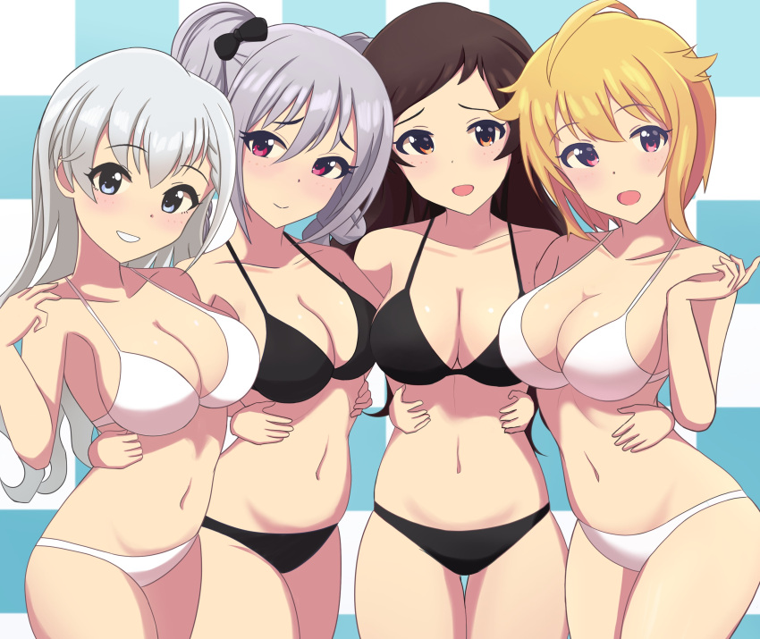 bikini black_bikini blonde_hair breasts brown_eyes brown_hair checkered_background cleavage commentary_request green_eyes grey_hair highres hisakawa_hayate ibuki_tsubasa idolmaster idolmaster_cinderella_girls idolmaster_million_live! kanzaki_ranko kitazawa_shiho large_breasts long_hair navel neng_(user_fyxc8875) parted_bangs red_eyes short_hair swimsuit twintails white_bikini