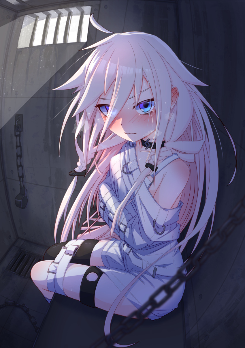 absurdres barred_window blue_eyes blush bound bound_arms bound_legs chains choker collarbone commentary_request female highres ia_(vocaloid) indoors long_hair looking_at_viewer menou_74 pink_hair prison_cell single_bare_shoulder single_thighhigh sitting solo straitjacket tearing_up thighhighs vocaloid