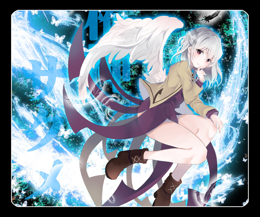 artist_request bare_legs black_border boots border braid bug butterfly character_name closed_mouth feathered_wings feathers female fingernails half_up_braid hand_on_own_knee hand_to_own_mouth highres jacket kishin_sagume knees knees_up legs long_sleeves mousepad_(medium) no_panties open_clothes open_jacket ponta_(wwtaimeww) red_eyes single_wing skirt solo thighs touhou white_hair white_wings wings