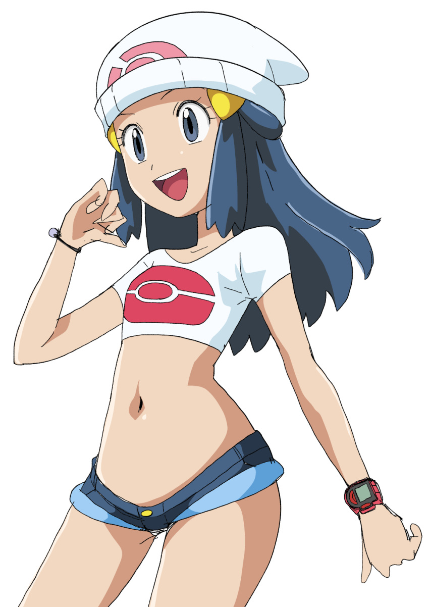 :d beanie blue_eyes blue_hair bracelet cropped_shirt dawn_(pokemon) denim denim_shorts female hainchu hat highres jewelry long_hair micro_shorts midriff navel open_mouth poke_ball_print pokemon pokemon_(anime) poketch shirt shorts simple_background smile solo watch white_background white_hat white_shirt wristwatch