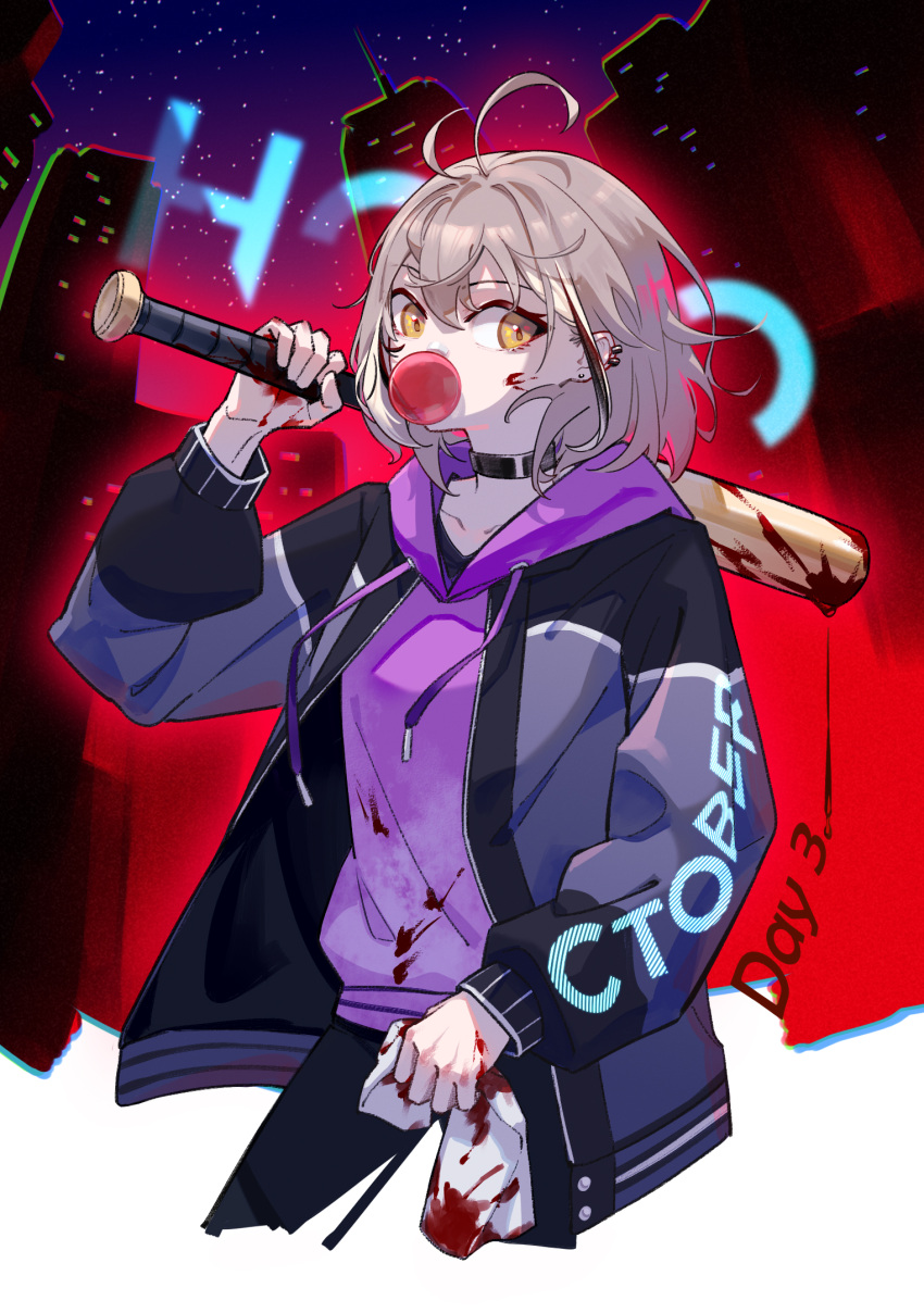 ahoge baseball_bat black_choker black_jacket black_pants blood blood_on_clothes blood_on_face blood_on_hands blood_on_weapon brown_eyes brown_hair chewing_gum choker chromatic_aberration city cowboy_shot earrings english_text female glowing handkerchief highres holding holding_baseball_bat hololive hololive_english hololive_grand_theft_auto hood hoodie jacket jewelry nanashi_mumei night night_sky onecolo133 pants purple_hoodie short_hair sky virtual_youtuber weapon