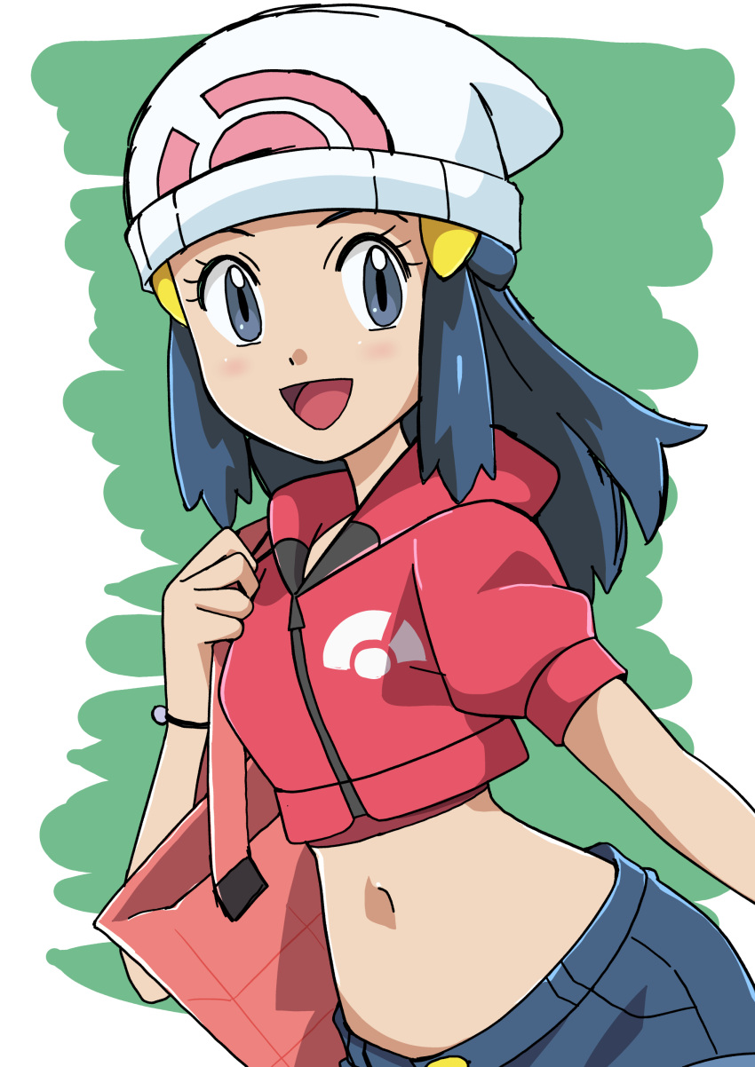 absurdres bag beanie blue_eyes blue_hair bracelet cropped_jacket dawn_(pokemon) female hainchu hat highres jacket jewelry long_hair midriff navel pokemon pokemon_(anime) red_jacket shoulder_bag solo white_hat