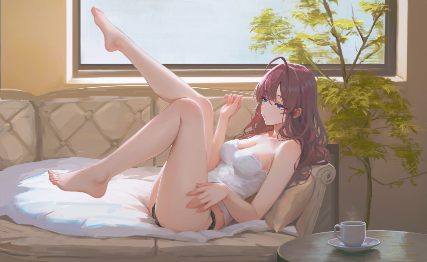 absurdres ahoge bare_legs barefoot black_panties blue_eyes breasts feet female highres ichinose_shiki idolmaster idolmaster_cinderella_girls indoors legs_up lingerie looking_ahead lying medium_breasts on_back panties purple_hair qingli_ye solo toes underwear underwear_only