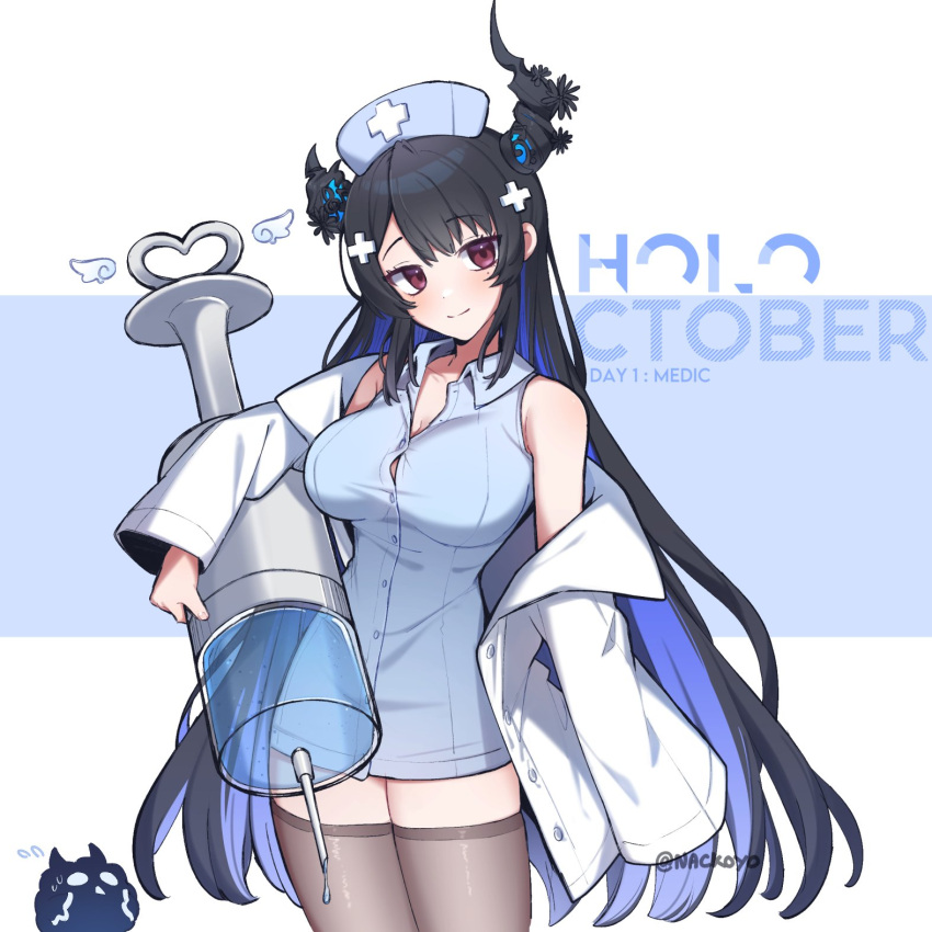 alternate_costume asymmetrical_horns bare_shoulders black_hair black_thighhighs blue_dress blue_hair blue_hat blush breasts bursting_breasts button_dress button_gap buttons carrying carrying_under_arm closed_mouth collared_dress colored_inner_hair commentary cropped_shirt cross_hair_ornament demon_horns dress english_commentary female flower hair_ornament hat highres hololive hololive_english horn_flower horns impossible_clothes impossible_dress jailbird_(nerissa_ravencroft) lab_coat large_breasts large_syringe long_hair looking_at_viewer mole mole_under_eye multicolored_hair nackoyo nerissa_ravencroft nurse nurse_cap off_shoulder oversized_object red_eyes short_dress sidelocks smile solo straight_hair syringe thighhighs twitter_username uneven_horns very_long_hair virtual_youtuber zettai_ryouiki