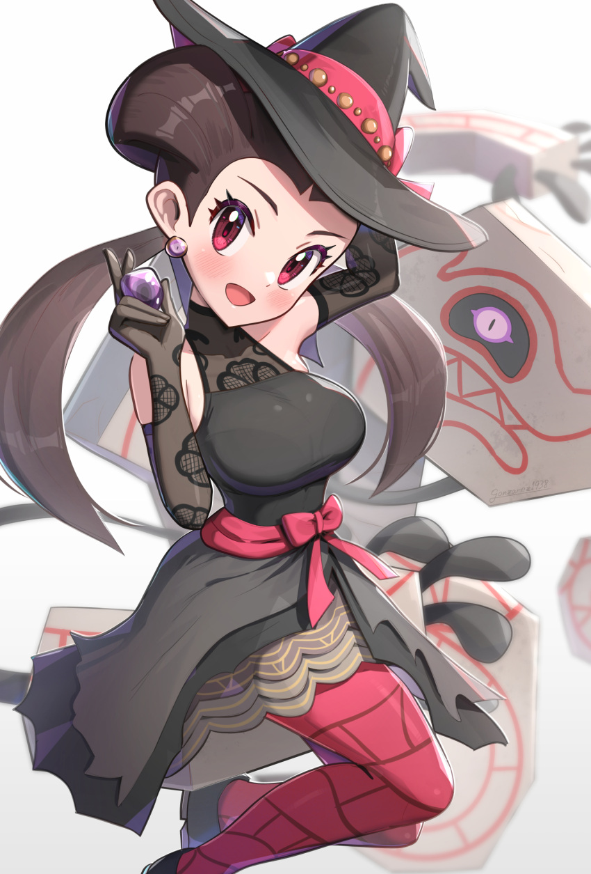 :d alternate_costume armpit_crease black_dress black_hat blush breasts brown_hair dot_nose dress earrings elbow_gloves female gloves gonzarez hair_pulled_back hat highres jewelry large_breasts long_hair looking_at_viewer official_alternate_costume open_mouth pants pokemon pokemon_(creature) pokemon_masters_ex red_eyes red_pants red_ribbon ribbon roxanne_(fall_2023)_(pokemon) roxanne_(pokemon) runerigus signature simple_background smile twintails white_background witch_hat