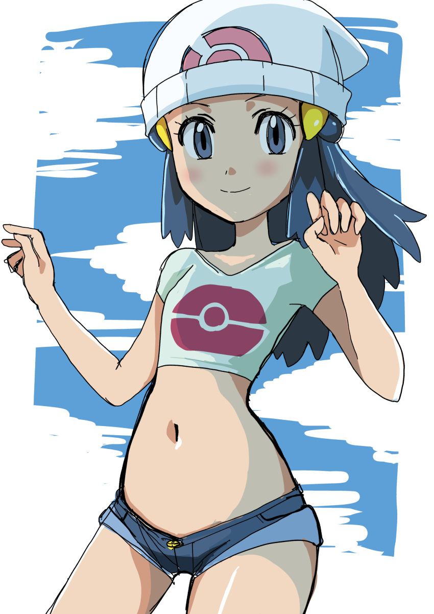 absurdres beanie blue_eyes blue_hair closed_mouth cropped_shirt dawn_(pokemon) denim denim_shorts female hainchu hat highres long_hair micro_shorts midriff navel poke_ball_print pokemon pokemon_(anime) shirt shorts smile solo white_hat white_shirt