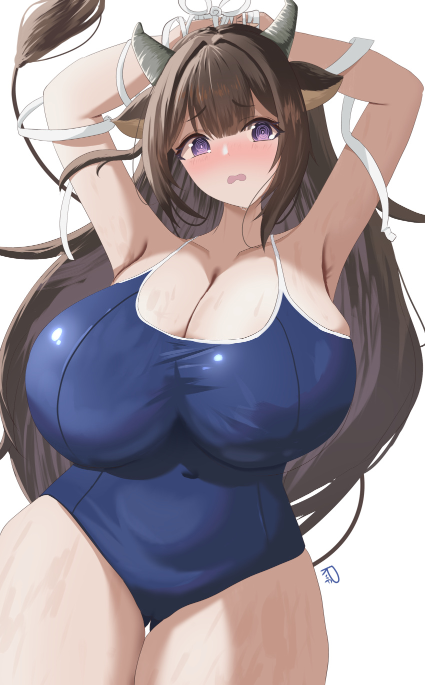 absurdres animal_ears armpits arms_up azur_lane blunt_bangs blush breasts brown_hair cleavage collarbone commentary_request commission covered_navel cow_ears cow_girl cow_horns cow_tail curvy female highres horns huge_breasts impossible_clothes impossible_swimsuit kashino_(azur_lane) long_hair looking_at_viewer open_mouth pixiv_commission purple_eyes riflech school_swimsuit sidelocks simple_background solo standing swimsuit tail thighs very_long_hair wavy_mouth wet white_background