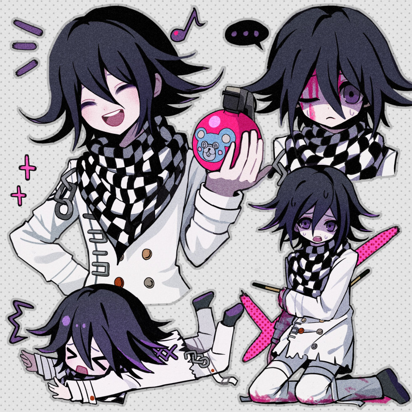 >_< ... 1boy arm_belt arrow_(projectile) blood blood_on_clothes blood_on_face buttons checkered_clothes checkered_scarf closed_eyes cross-laced_jacket danganronpa_(series) danganronpa_v3:_killing_harmony explosive flipped_hair grenade grey_background grey_outline hair_between_eyes hand_on_own_hip hashtag-only_commentary highres holding holding_grenade injury kneeling long_sleeves looking_at_viewer male_focus multicolored_buttons musical_note oma_kokichi one_eye_closed open_mouth pants pink_blood purple_eyes purple_hair scarf shaded_face short_hair simple_background smile solo spoken_ellipsis straitjacket sweatdrop teeth thigh_strap two-tone_scarf uz_(770653249d) white_pants