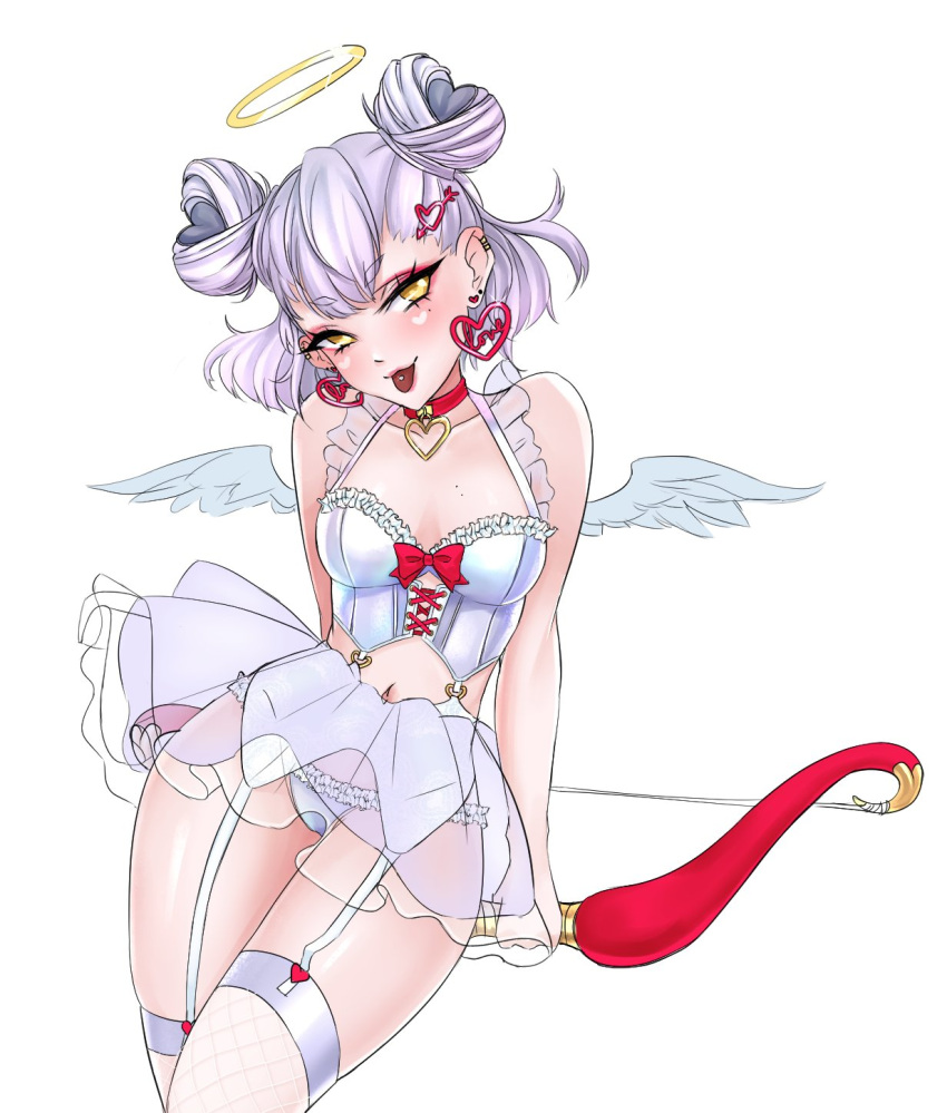 angel_wings arms_behind_back basedkawaii blush bow bow_(weapon) breasts choker cowboy_shot double_bun earrings feathered_wings female frilled_bustier frilled_panties frills garter_straps gleam hair_bun halo heart heart-shaped_hair heart_choker heart_earrings highres holding holding_behind_back holding_bow_(weapon) holding_weapon jewelry lace-up_top looking_at_viewer medium_breasts medium_hair mini_wings miniskirt mole mole_on_breast mole_under_eye multiple_piercings navel original panties pendant_choker piercing purple_hair red_bow red_choker red_nails see-through_clothes see-through_skirt skirt thighhighs tongue tongue_out tongue_piercing underwear weapon white_background white_bustier white_panties white_thighhighs white_wings wide_hips wings yellow_eyes