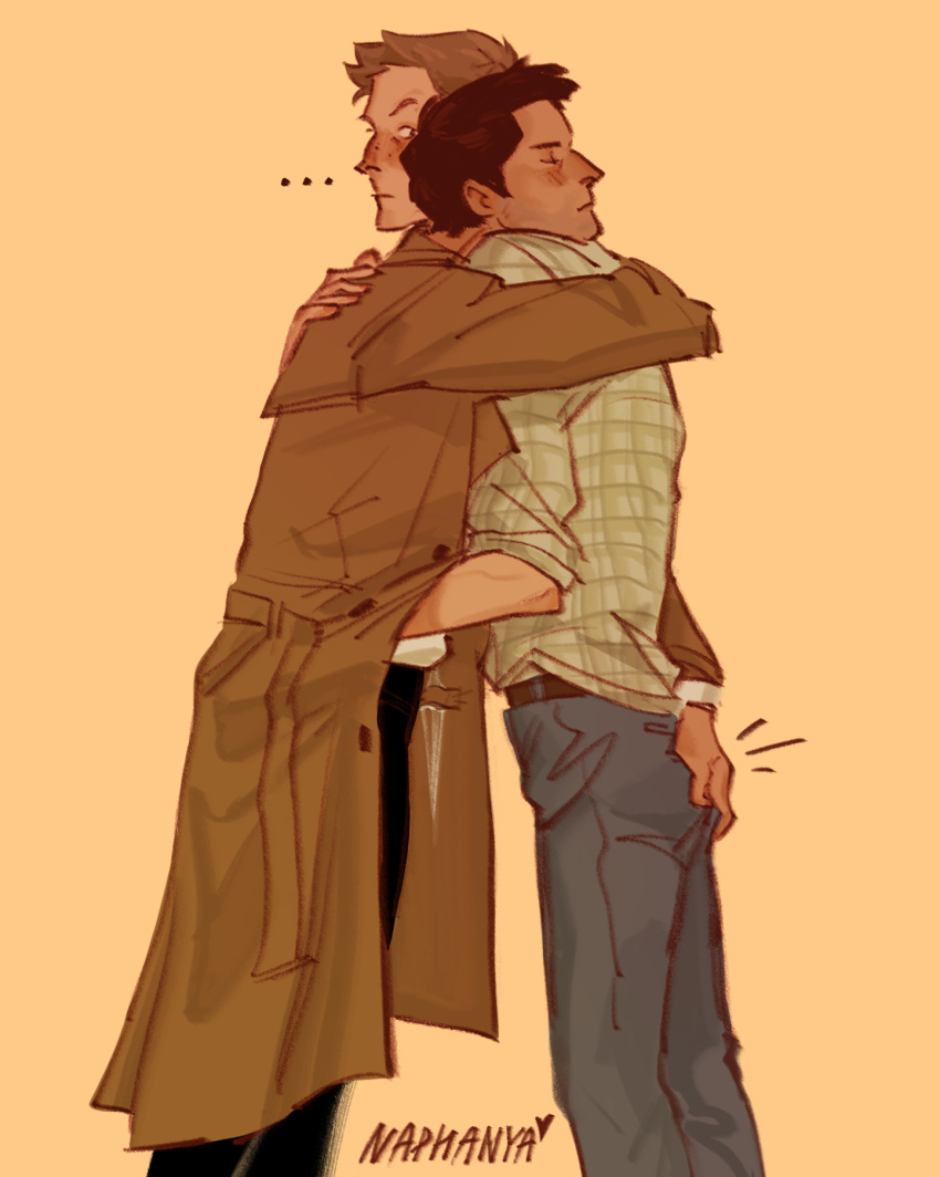 ... 2boys angel beard_stubble black_hair blonde_hair blue_eyes blush castiel closed_eyes coat dean_winchester facial_hair feet_out_of_frame freckles grabbing_another's_ass green_eyes groping hand_under_clothes highres hug looking_at_another male_focus mature_male multiple_boys nahpkmp raised_eyebrow short_hair simple_background stubble supernatural_(tv_series) trench_coat yaoi yellow_background