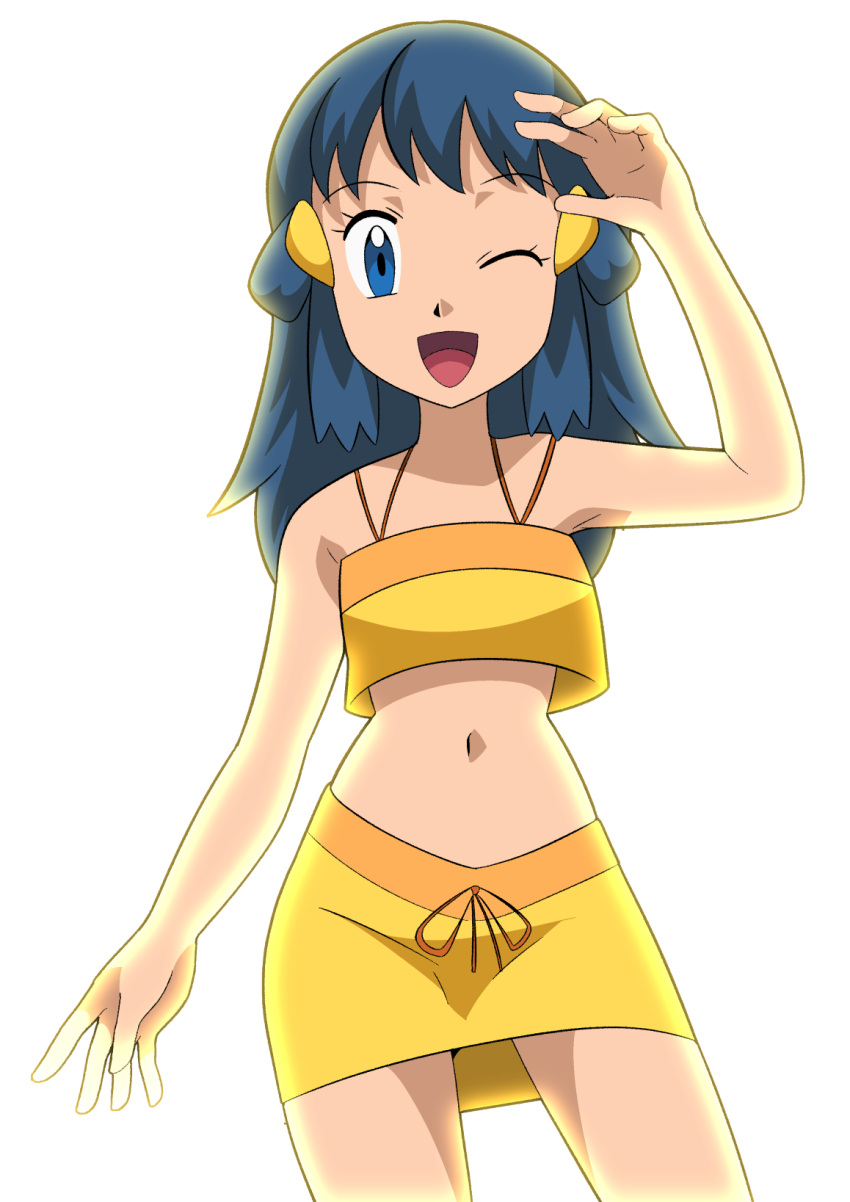 ;d bikini blue_eyes blue_hair dawn_(pokemon) female hainchu highres long_hair navel one_eye_closed open_mouth pokemon pokemon_(anime) simple_background skirt smile solo swimsuit white_background yellow_bikini yellow_skirt