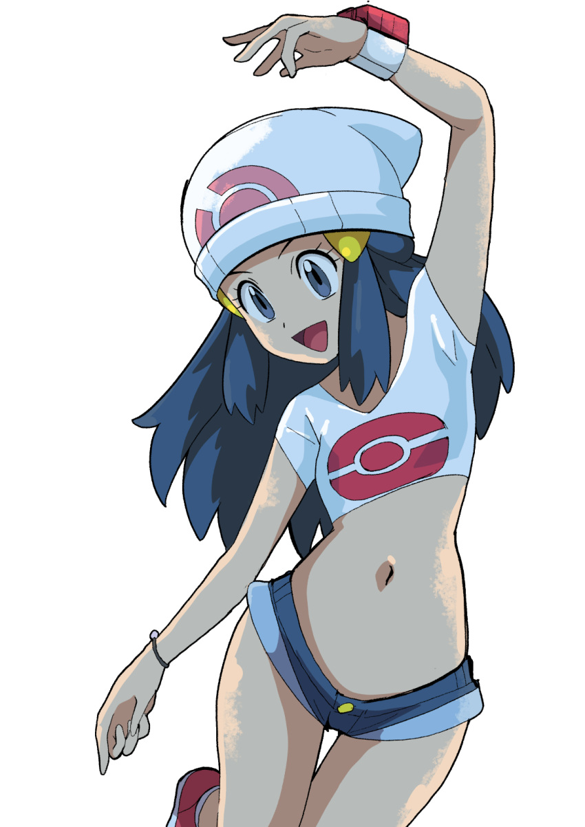 :d beanie blue_eyes blue_hair bracelet cropped_shirt dawn_(pokemon) denim denim_shorts female hainchu hat highres jewelry long_hair micro_shorts midriff navel open_mouth poke_ball_print pokemon pokemon_(anime) poketch shirt shorts simple_background smile solo watch white_background white_hat white_shirt wristwatch