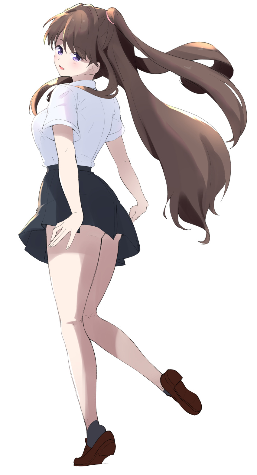 absurdres ass_peek black_skirt black_socks breasts brown_footwear brown_hair collared_shirt commentary_request dress_shirt female from_behind fujishima_megumi full_body heel_up highres large_breasts leg_up link!_like!_love_live! loafers long_hair looking_at_viewer looking_back love_live! miniskirt parisnoko purple_eyes shirt shoe_soles shoes short_sleeves simple_background skirt socks solo two_side_up very_long_hair virtual_youtuber white_background white_shirt