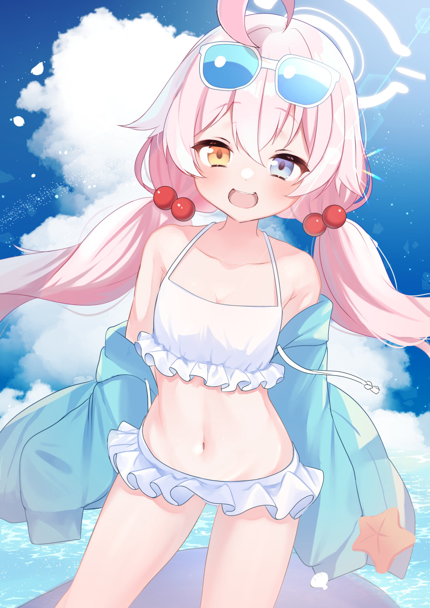 absurdres ahoge bikini blue_archive blue_eyes blue_jacket blue_sky breasts cloud eyewear_on_head female frilled_bikini frills hair_between_eyes halo heterochromia highres hoshino_(blue_archive) hoshino_(swimsuit)_(blue_archive) huge_ahoge jacket long_sleeves looking_at_viewer medium_breasts navel oguraponti open_mouth pink_hair pink_halo sky sleeves_past_fingers sleeves_past_wrists solo standing stomach sunglasses swimsuit tongue twintails water white-framed_eyewear white_bikini yellow_eyes