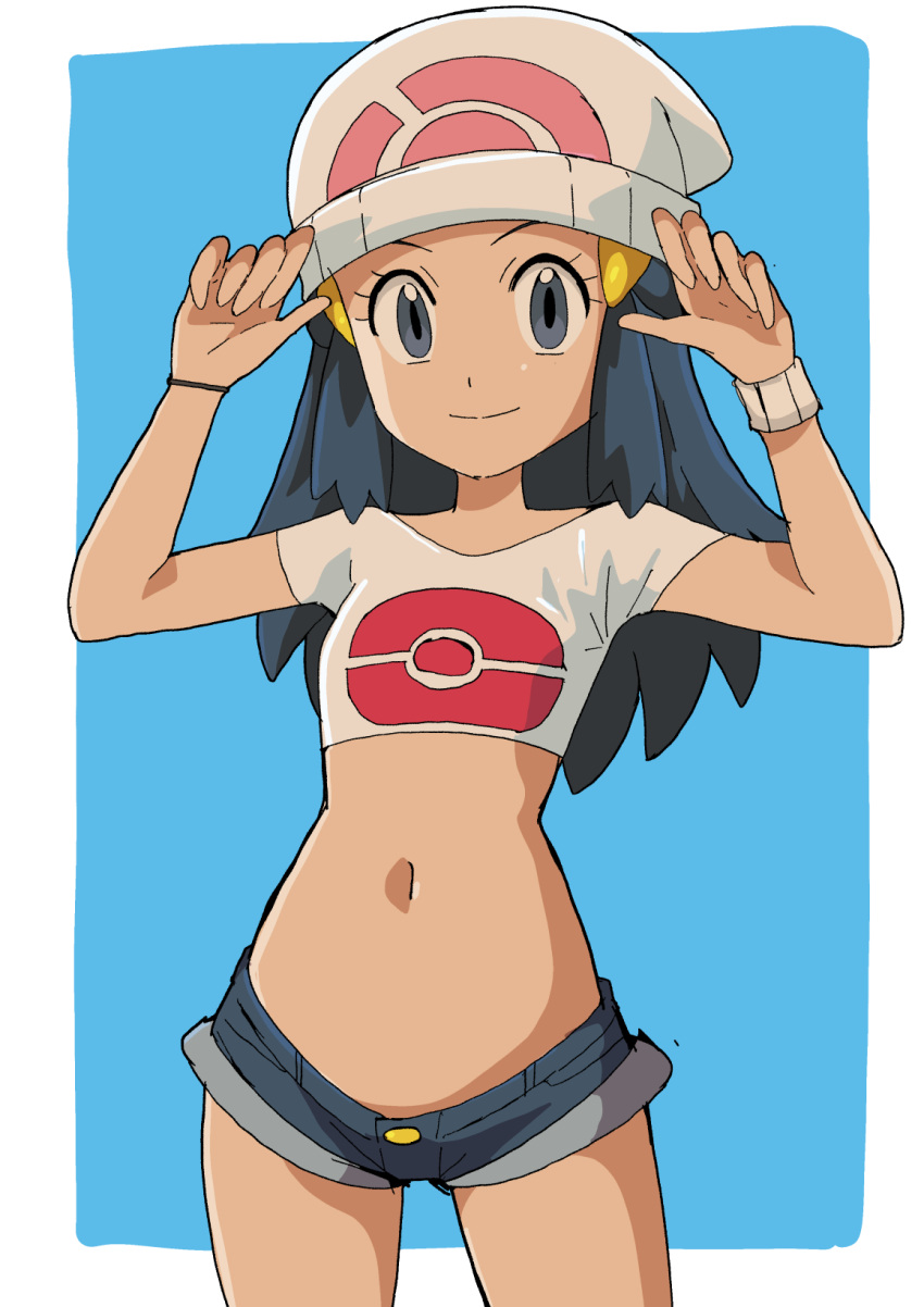 beanie blue_eyes blue_hair closed_mouth cropped_shirt dawn_(pokemon) denim denim_shorts female hainchu hat highres long_hair looking_at_viewer micro_shorts midriff navel poke_ball_print pokemon pokemon_(anime) poketch shirt shorts smile solo watch white_hat white_shirt wristwatch