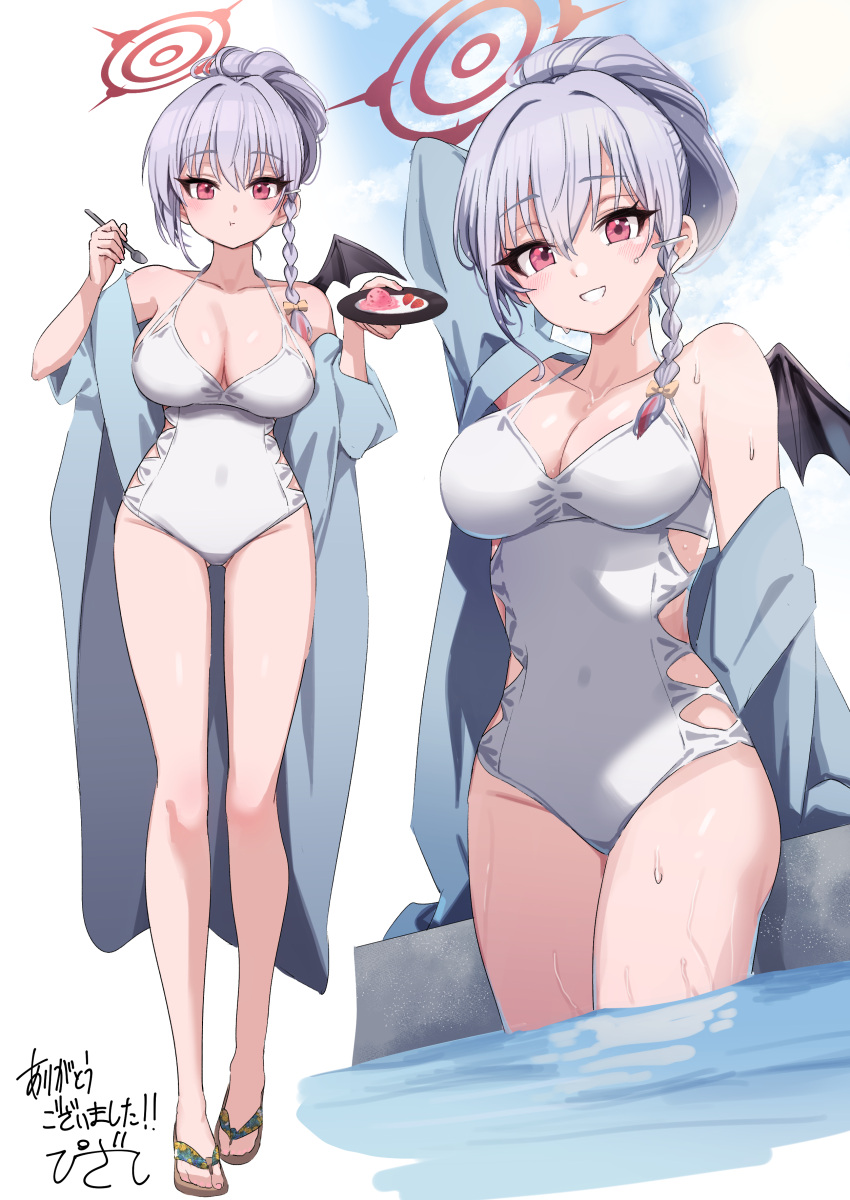 absurdres blue_archive blue_sky blush braid breasts casual_one-piece_swimsuit cleavage cloud collarbone commentary_request covered_navel day demon_wings eating female full_body grey_hair halo haruna_(blue_archive) haruna_(swimsuit)_(blue_archive) highres holding holding_plate holding_spoon korean_commentary large_breasts legs long_hair looking_at_viewer multiple_views official_alternate_costume one-piece_swimsuit pizzasi plate red_eyes sandals second-party_source simple_background single_wing sky smile spoon standing swimsuit tail translation_request wading water white_background white_one-piece_swimsuit wings