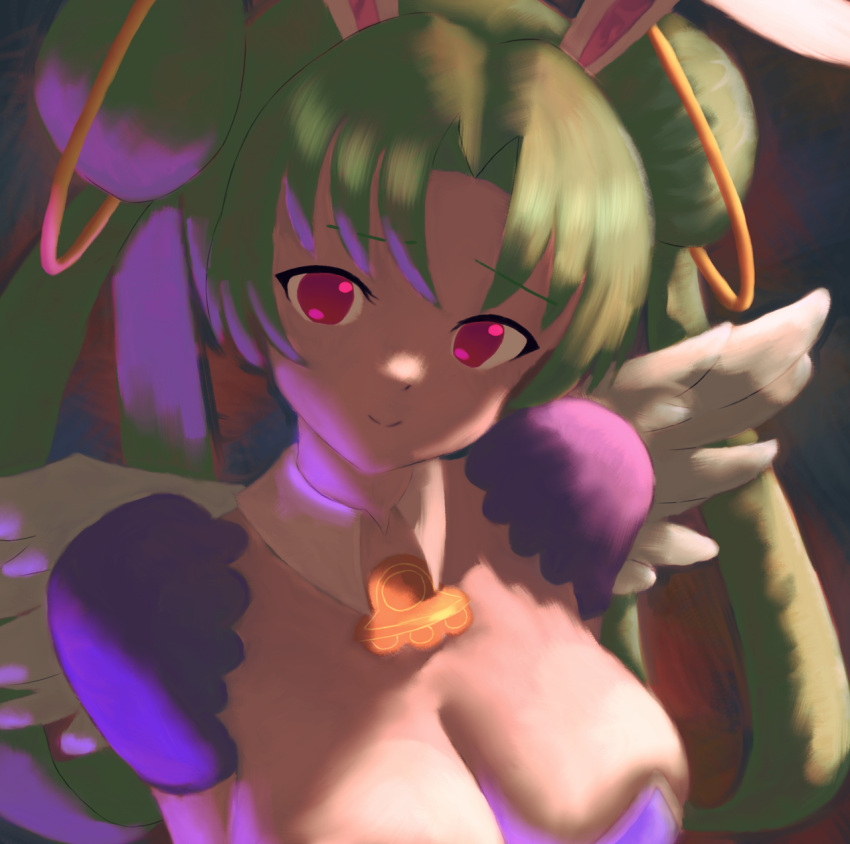 angel_wings animal_ears breasts commentary denpafish_(vtuber) detached_collar double_bun female flandzen green_hair hair_bun hair_rings hashtag-only_commentary head_tilt highres indie_virtual_youtuber large_breasts long_hair looking_at_viewer purple_eyes rabbit_ears smile solo undersized_breast_cup upper_body virtual_youtuber wings